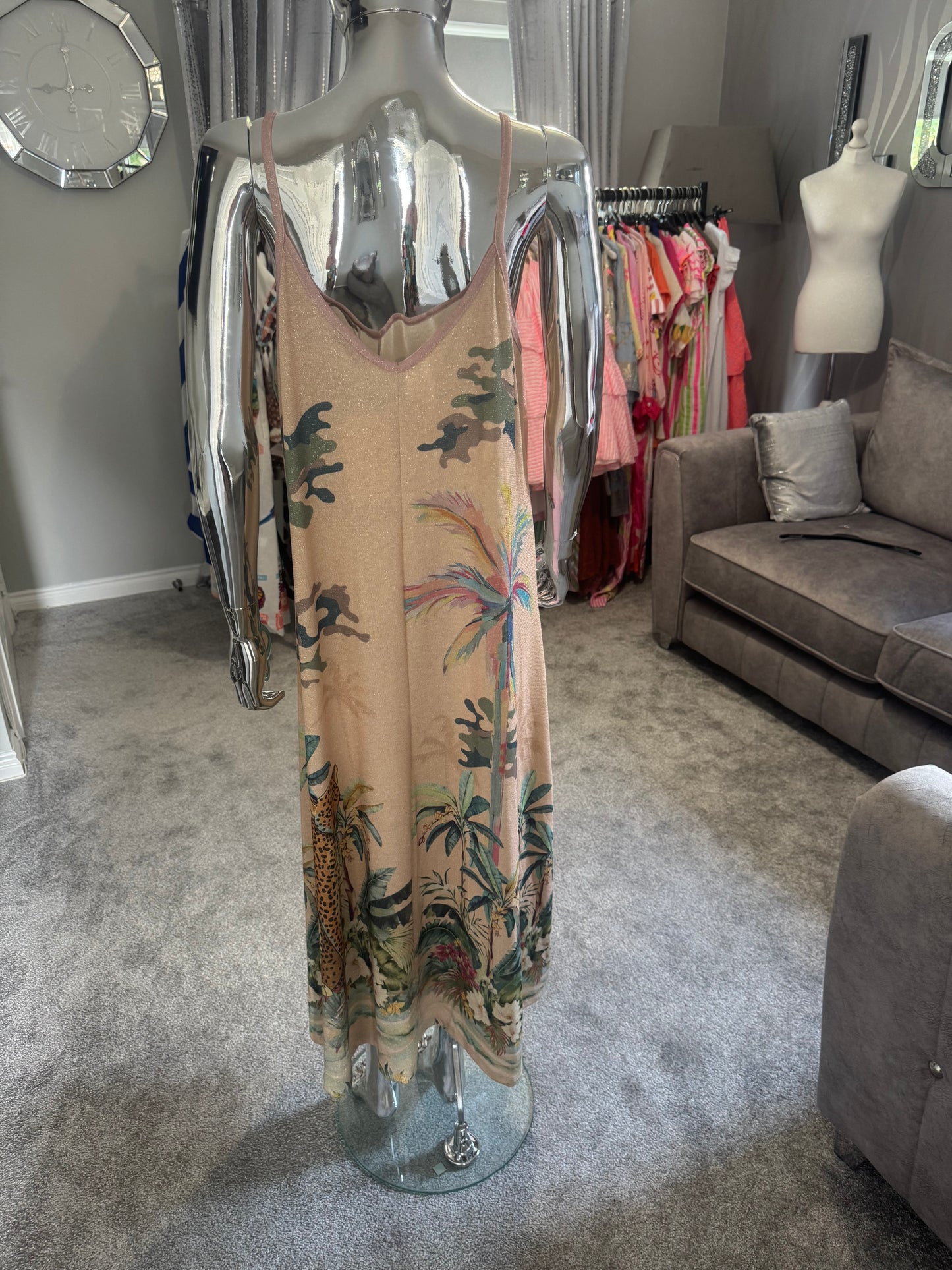 Blue and pink strap palm tree maxi dress
