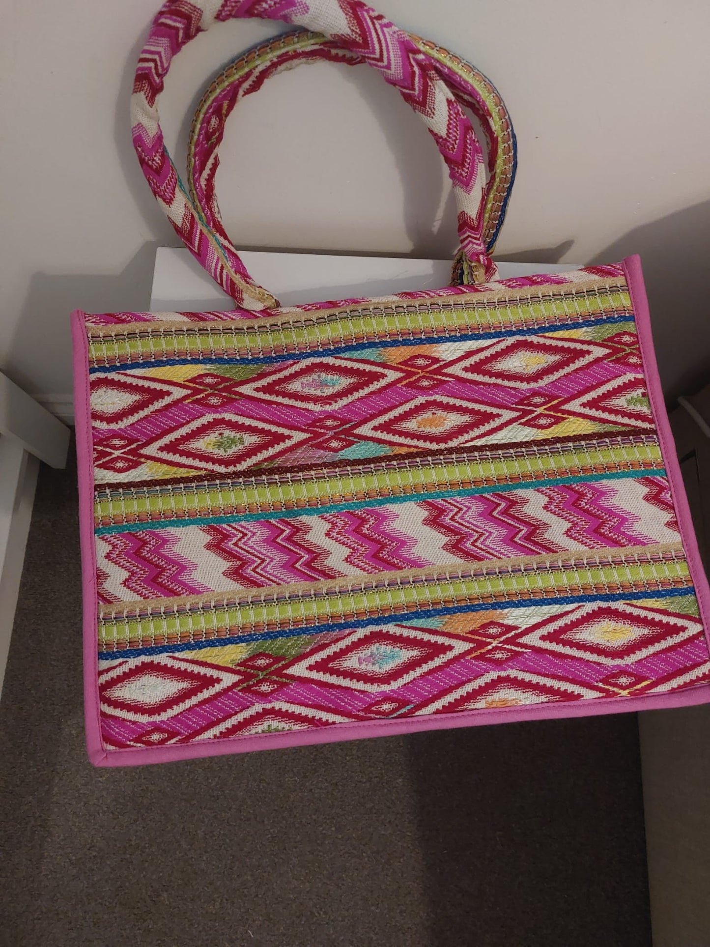 Pink Embroidered Boho Tote Bag