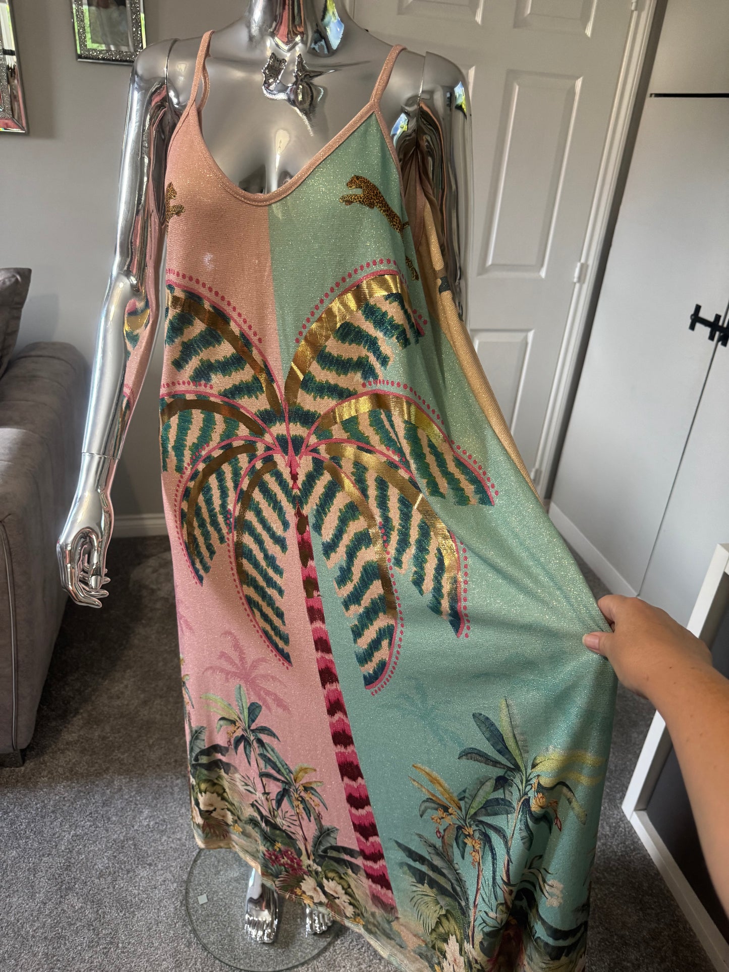 Blue and pink strap palm tree maxi dress