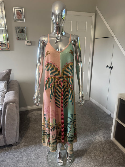 Blue and pink strap palm tree maxi dress