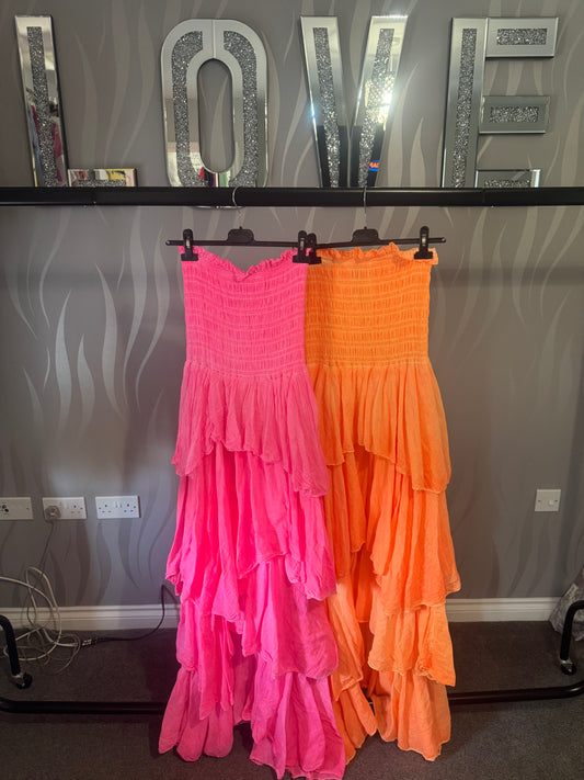 Strapless ruffled maxi dress